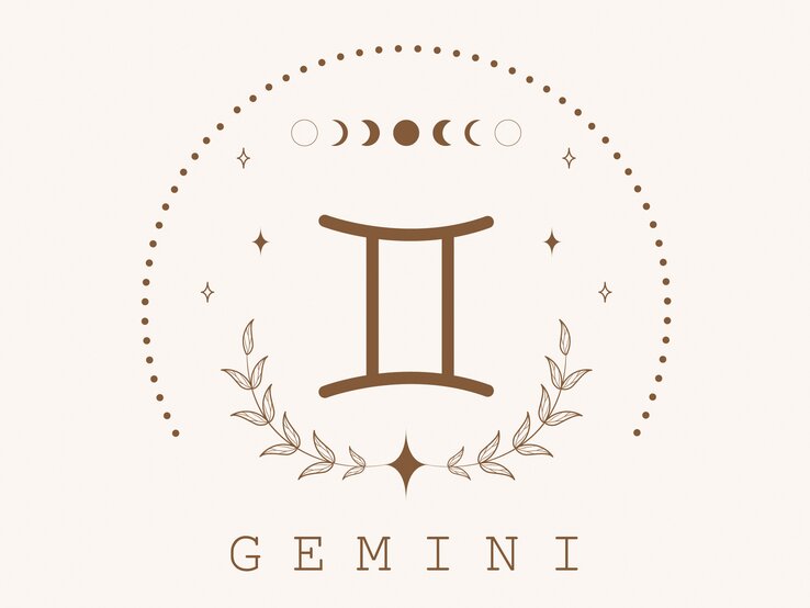 Zeichnung des astrologischen Symbols für das Sternzeichen Zwillinge auf hellem Untergrund, umrahmt von Punkten und dem Mond in seinen verschiedenen Phasen.