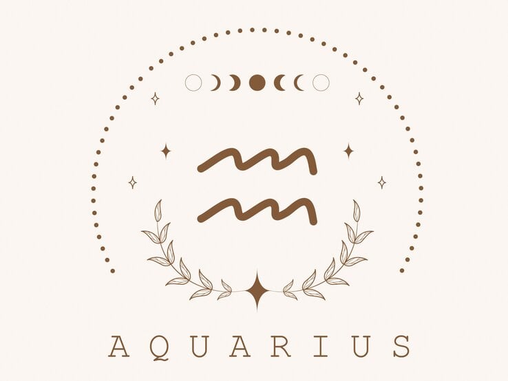 Zeichnung des astrologischen Symbols für das Sternzeichen Wassermann auf hellem Untergrund, umrahmt von Punkten und dem Mond in seinen verschiedenen Phasen.