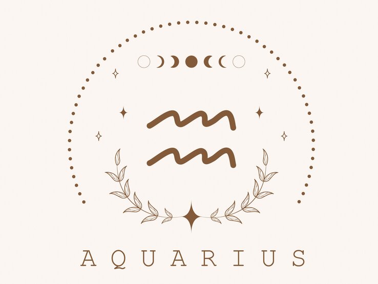 Zeichnung des astrologischen Symbols für das Sternzeichen Wassermann auf hellem Untergrund, umrahmt von Punkten und dem Mond in seinen verschiedenen Phasen. | © Adobe Stock/ KeronnArt