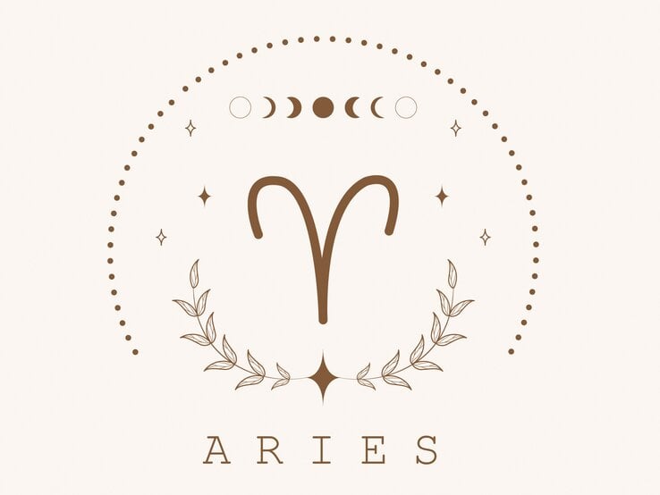 Zeichnung des astrologischen Symbols für das Sternzeichen Widder auf hellem Untergrund, umrahmt von Punkten und dem Mond in seinen verschiedenen Phasen.
