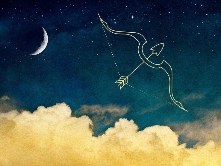 Grafik mit dem astrologischen Symbol des Sternzeichens Schütze vor dem Hintergrund eines Viertelmondes und gelben Wolken. Der Kosmos ist ein Farbverlauf von unten nach oben von Dunkelgrün zu Dunkelblau. Im Dunkelblauen Bereich sind zahlreiche Sterne zu sehen. | © SchraderStock und sketchify via Canva.com [M]