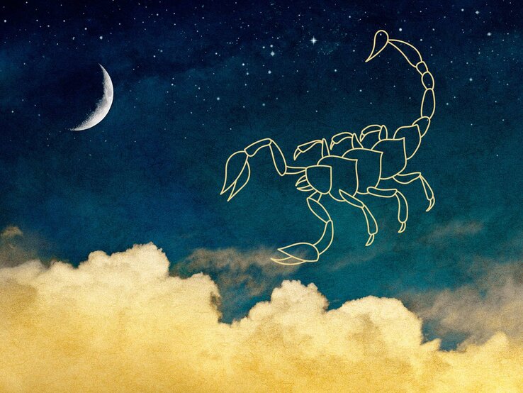 Grafik mit dem astrologischen Symbol des Sternzeichens Skorpion vor dem Hintergrund eines Viertelmondes und gelben Wolken. Der Kosmos ist ein Farbverlauf von unten nach oben von Dunkelgrün zu Dunkelblau. Im Dunkelblauen Bereich sind zahlreiche Sterne zu sehen. | © SchraderStock und sketchify via Canva.com [M]