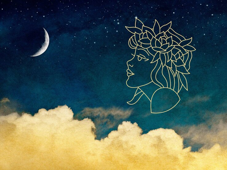 Grafik mit dem astrologischen Symbol des Sternzeichens Jungfrau vor dem Hintergrund eines Viertelmondes und gelben Wolken. Der Kosmos ist ein Farbverlauf von unten nach oben von Dunkelgrün zu Dunkelblau. Im Dunkelblauen Bereich sind zahlreiche Sterne zu sehen. | © SchraderStock und sketchify via Canva.com [M]