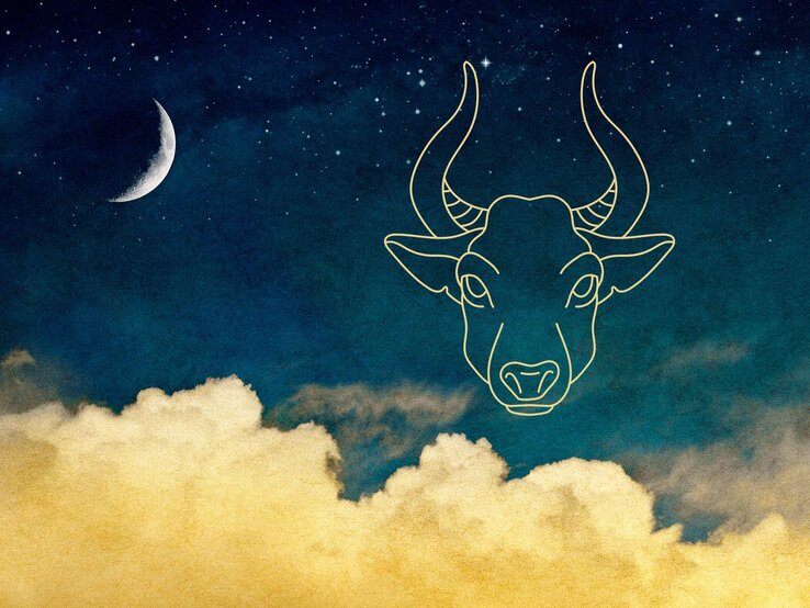 Grafik mit dem astrologischen Symbol des Sternzeichens Stier vor dem Hintergrund eines Viertelmondes und gelben Wolken. Der Kosmos ist ein Farbverlauf von unten nach oben von Dunkelgrün zu Dunkelblau. Im Dunkelblauen Bereich sind zahlreiche Sterne zu sehen. | © SchraderStock und sketchify via Canva.com [M]