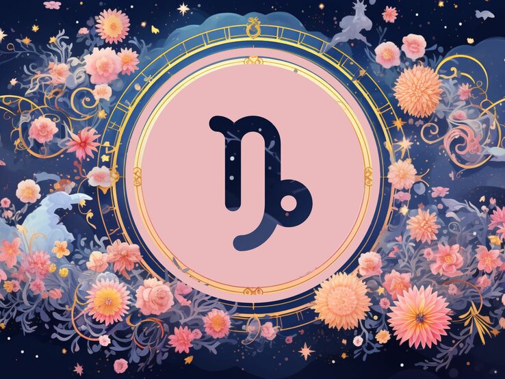 Jahreshoroskop Steinbock: Ein rundes astrologisches Symbol des Sternzeichens vor einem blauen Hintergrund voller floraler Ornamente und pastellenen pinkfarbenen Blumen, die sich darum herumranken.
