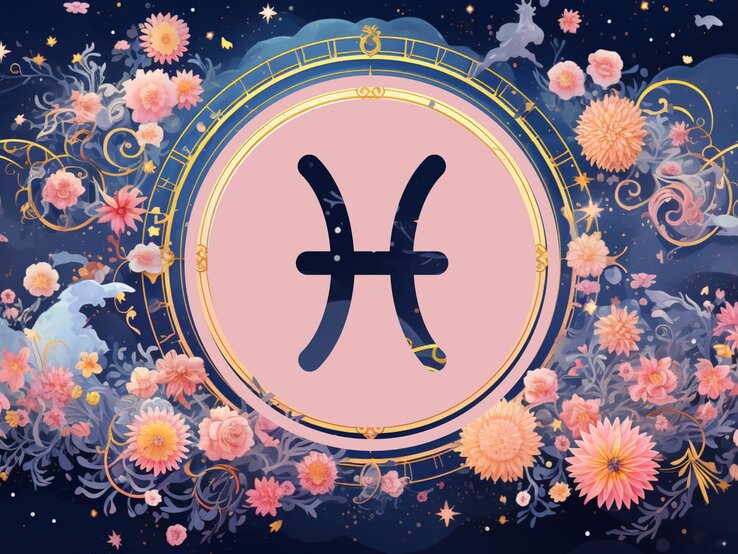 Jahreshoroskop Fische: Ein rundes astrologisches Symbol des Sternzeichens vor einem blauen Hintergrund voller floraler Ornamente und pastellenen pinkfarbenen Blumen, die sich darum herumranken.
