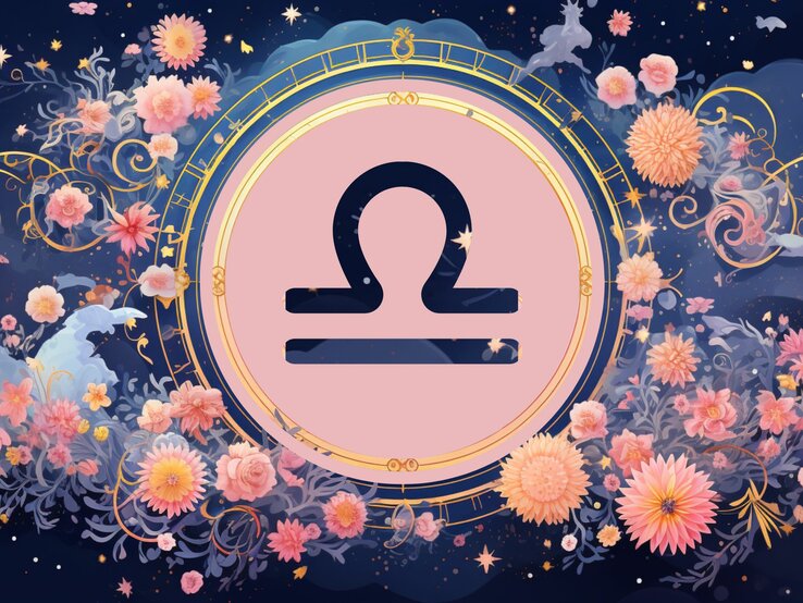 Jahreshoroskop Waage: Ein rundes astrologisches Symbol des Sternzeichens vor einem blauen Hintergrund voller floraler Ornamente und pastellenen pinkfarbenen Blumen, die sich darum herumranken.