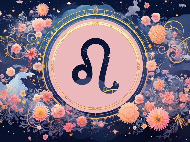 Jahreshoroskop Löwe: Ein rundes astrologisches Symbol des Sternzeichens vor einem blauen Hintergrund voller floraler Ornamente und pastellenen pinkfarbenen Blumen, die sich darum herumranken.