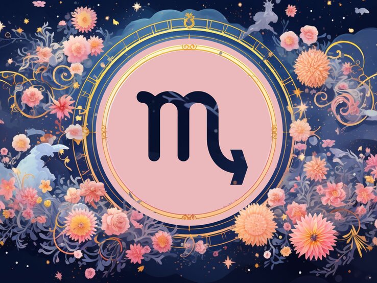 Jahreshoroskop Skorpion: Ein rundes astrologisches Symbol des Sternzeichens vor einem blauen Hintergrund voller floraler Ornamente und pastellenen pinkfarbenen Blumen, die sich darum herumranken.