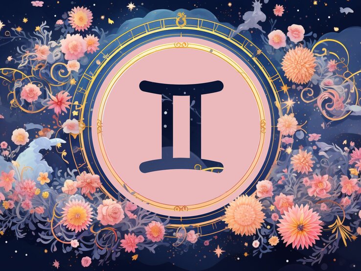 Jahreshoroskop Zwillinge: Ein rundes astrologisches Symbol des Sternzeichens vor einem blauen Hintergrund voller floraler Ornamente und pastellenen pinkfarbenen Blumen, die sich darum herumranken.