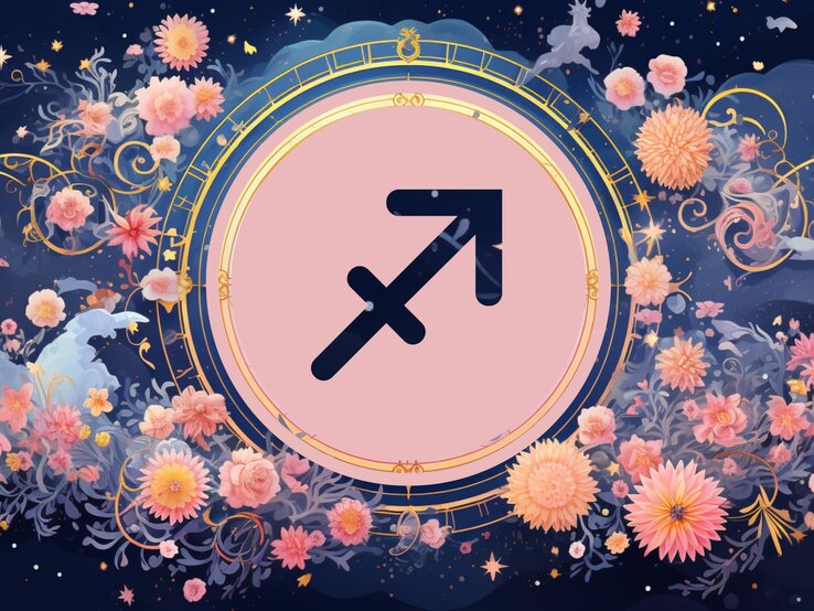 Jahreshoroskop Schütze: Ein rundes astrologisches Symbol des Sternzeichens vor einem blauen Hintergrund voller floraler Ornamente und pastellenen pinkfarbenen Blumen, die sich darum herumranken.