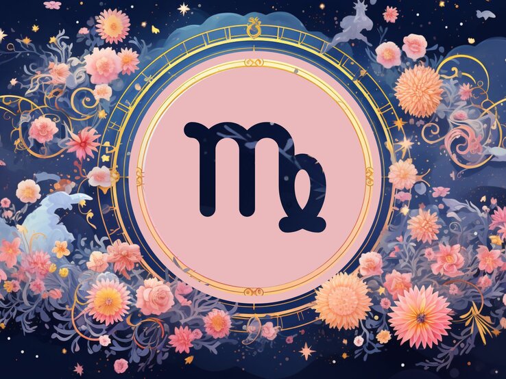 Jahreshoroskop Jungfrau: Ein rundes astrologisches Symbol des Sternzeichens vor einem blauen Hintergrund voller floraler Ornamente und pastellenen pinkfarbenen Blumen, die sich darum herumranken.