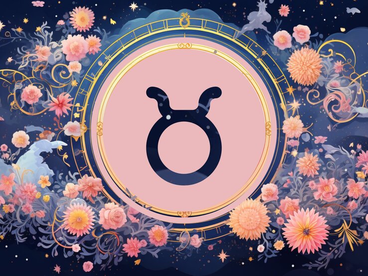 Jahreshoroskop Stier: Ein rundes astrologisches Symbol des Sternzeichens vor einem blauen Hintergrund voller floraler Ornamente und pastellenen pinkfarbenen Blumen, die sich darum herumranken.