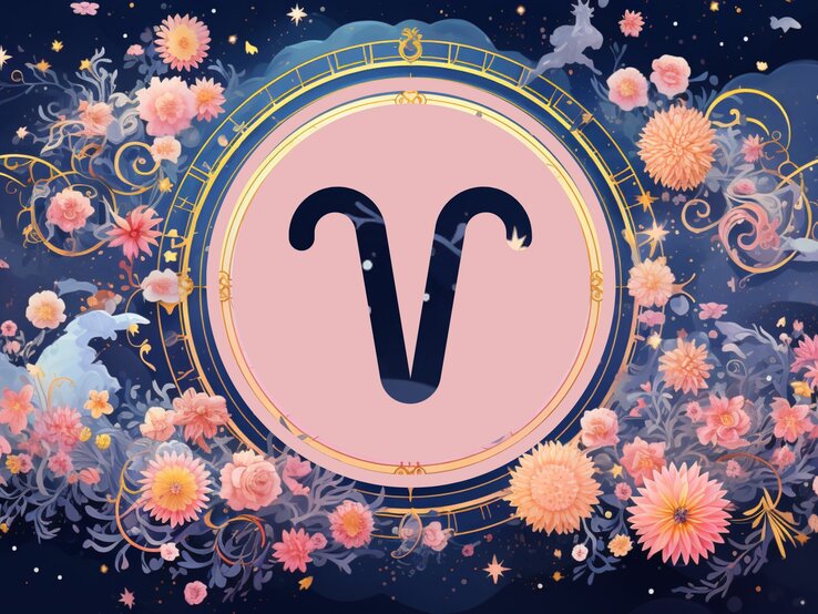 Jahreshoroskop Widder: Ein rundes astrologisches Symbol des Sternzeichens vor einem blauen Hintergrund voller floraler Ornamente und pastellenen pinkfarbenen Blumen, die sich darum herumranken.