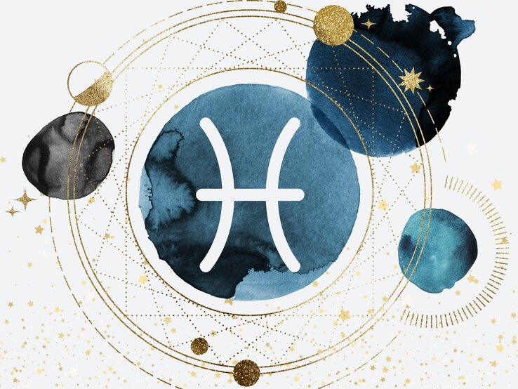 planet-gold-blue-sternzeichen-fische.jpg Drei Planeten in Aquarelltechnik in der Farbe Blau kreisen um einen vierten auf goldenen Bahnen, auf denen kleinere goldene Planeten zu sehen sind. Innerhalb des Planeten im Zentrum ist das astrologische Symbol des Sternzeichens Fische zu sehen.