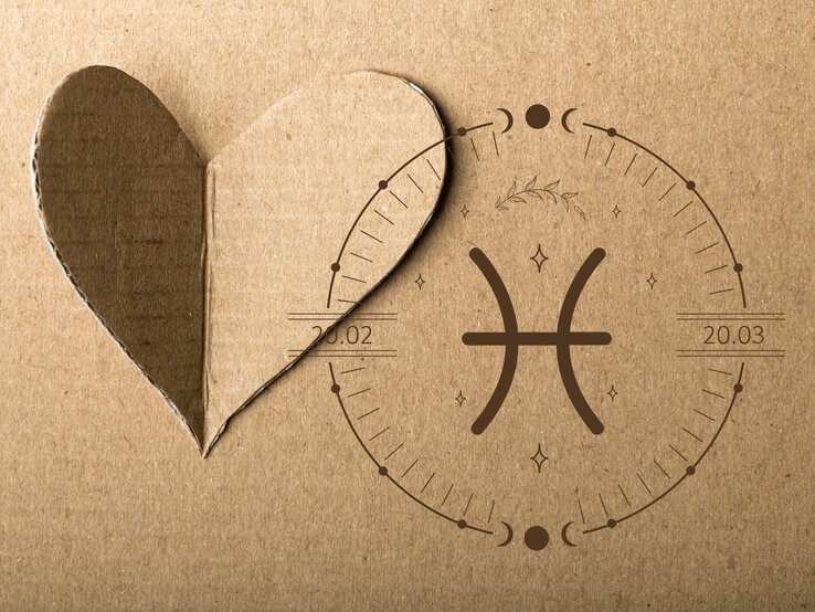 Neben einem ausgeschnittenen Herz aus Pappe ist das astrologischen Symbol des Sternzeichens Fische. | © DAPA Images und Keronyart’s Images/ Be keronyart via Canva.com [M]