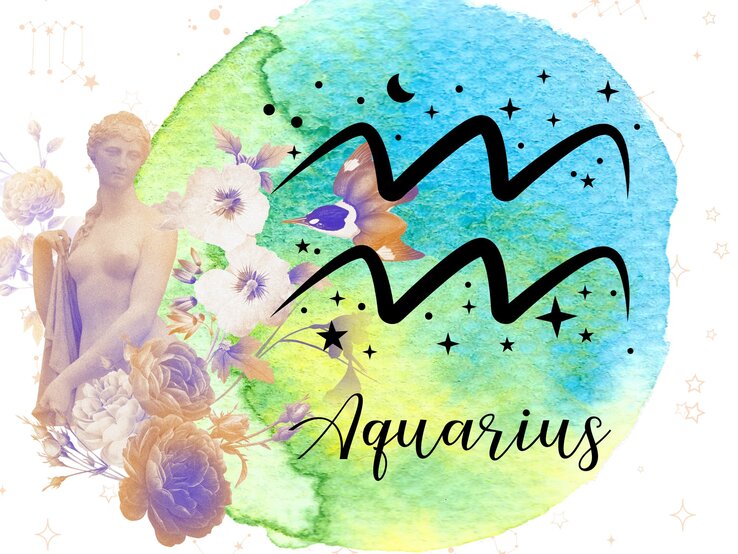 Das astrologische Symbol des Sternzeichens Wassermann vor einem blau-grünen Kreis, der mit Aquarelltechnik gezeichnet wurde. Daneben steht eine griechische historische Skulptur, umgeben von floralen Ornamenten in zarten Rosétönen. Im Hintergrund sind Grafiken goldener Sterne zu sehen.