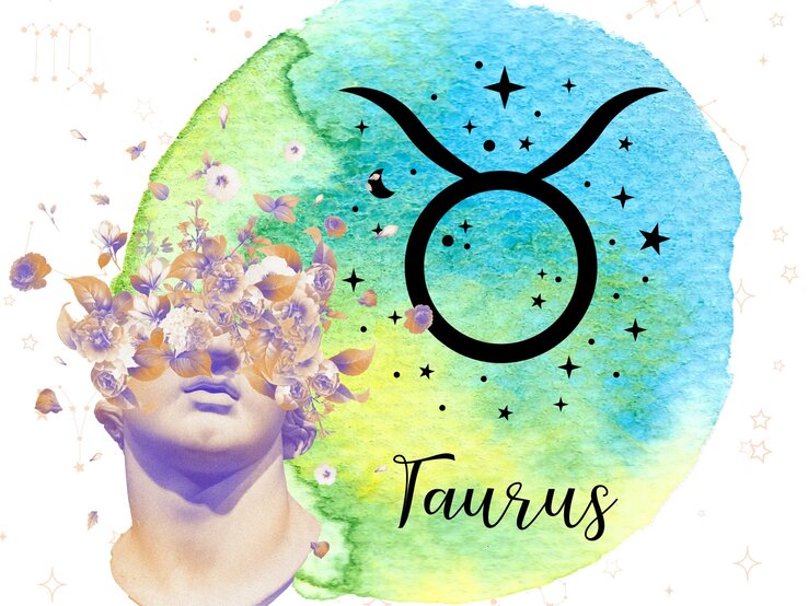 Das astrologische Symbol des Sternzeichens Stier vor einem blau-grünen Kreis, der mit Aquarelltechnik gezeichnet wurde. Daneben steht eine griechische historische Skulptur, umgeben von floralen Ornamenten in zarten Rosétönen. Im Hintergrund sind Grafiken goldener Sterne zu sehen.
