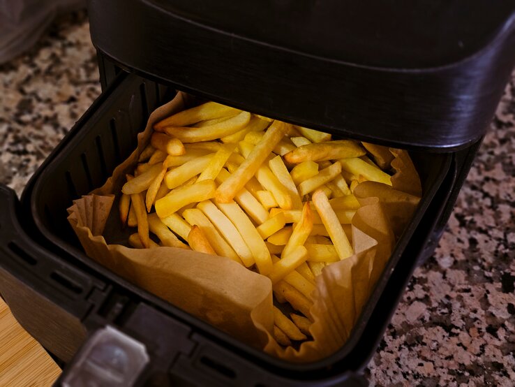Eine Heißluftfritteuse mit Pommes. 