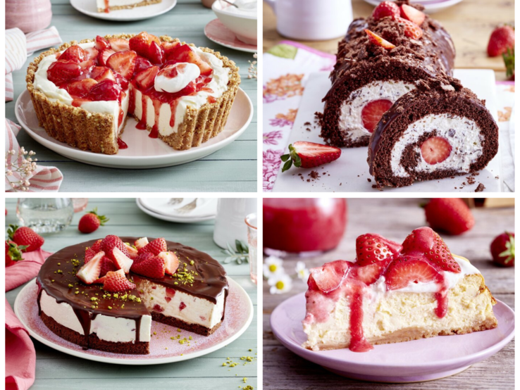 vier >Erdbeerkuchen in einer Collage