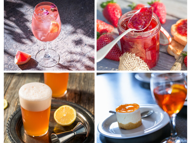 Mehrere Getränke und Desserts mit Aperol-