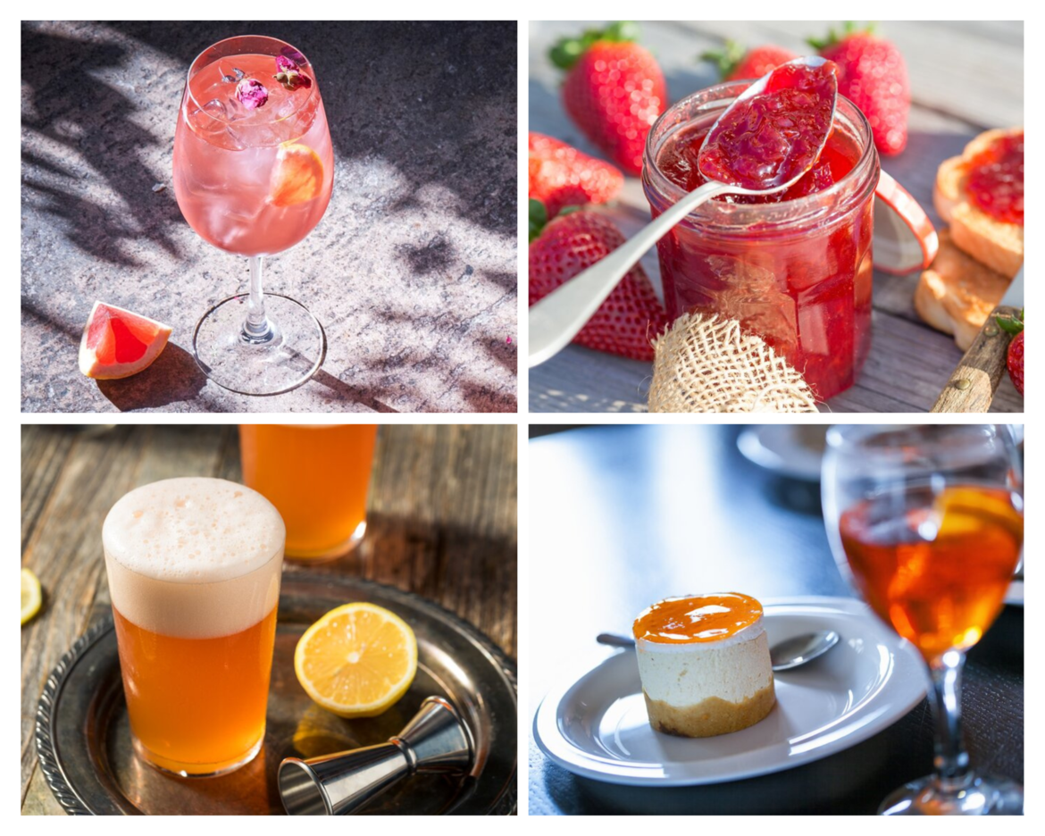 Mehrere Getränke und Desserts mit Aperol-