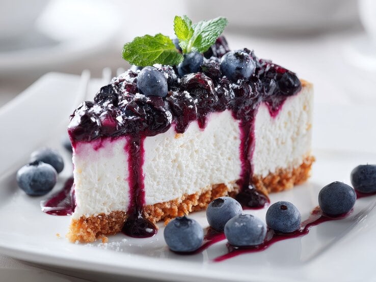 Fruchtiger Blaubeer-Quark-Kuchen mit Keksboden, beeriger Glasur und Minzblatt auf stilvoll gedecktem Teller.