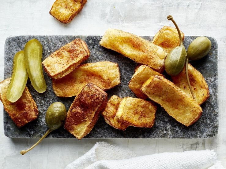 Die knusprigen Käsechips auf einem rechteckigen Teller und grauem Untergrund. Alles direkt von oben fotografiert.