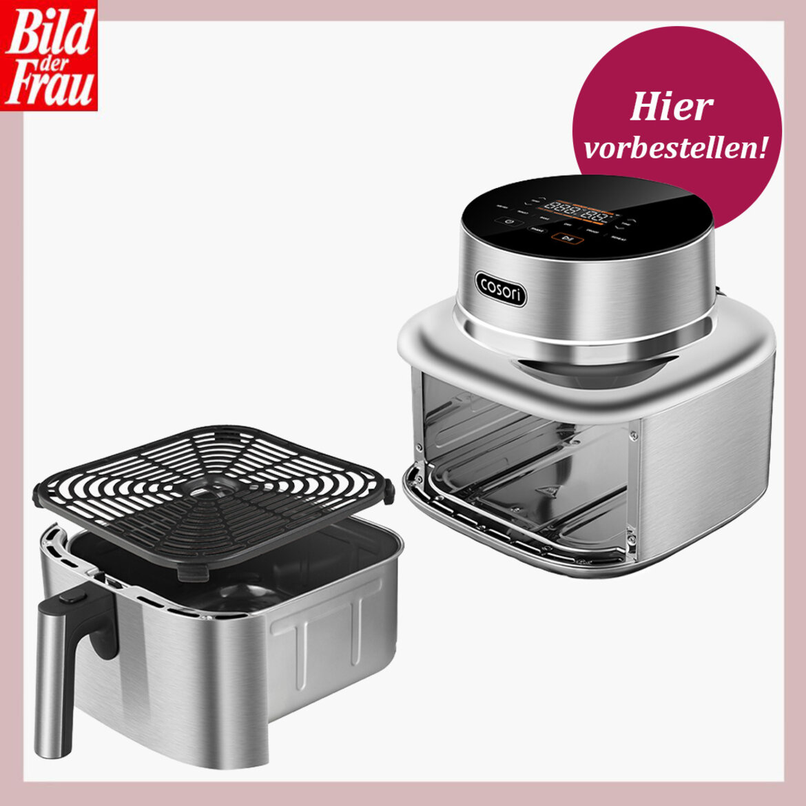 Smarte silberne Heißluftfritteuse mit Edelstahlgehäuse, abnehmbaren Gittereinsätzen und digitalem Display vor weißem Hintergrund. | © Cosori/bildderfrau.de