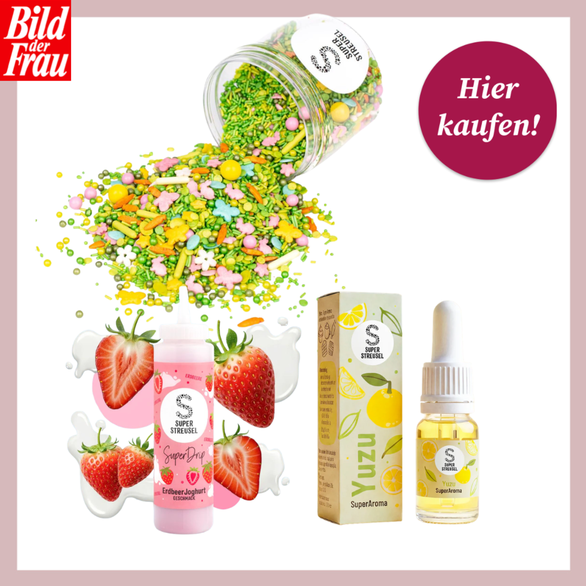 Buntes Zuckerstreusel-Mix fließt aus Glas auf hellem Hintergrund, daneben Erdbeeren, Fläschchen mit Aroma und Yuzu-Produkt. | © Amazon/Canva/Collage:bildderfrau.de