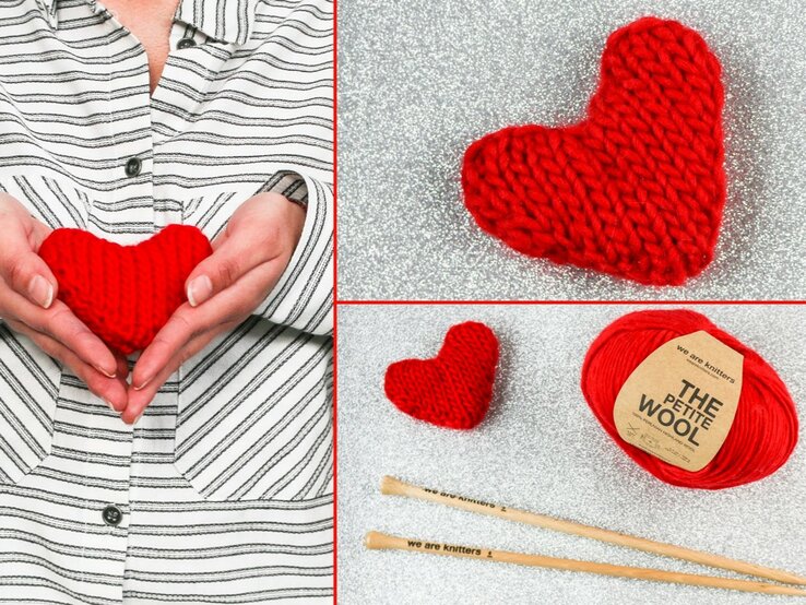 Collage aus roter Wolle, Stricknadeln, einem roten Mini-Herz aus Wolle und einer Frau, die ein rotes gestricktes Mini-Herz in ihren Händen hält | © we are knitters
