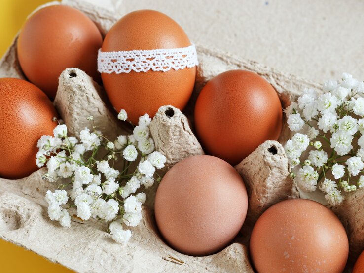 Ein Eierkarton aus Pappe enthält mehrere braune Eier. Eines der Eier ist mit einer dekorativen weißen Spitzenborte umwickelt. Zwischen den Eiern sind kleine Zweige mit weißen Blüten drapiert, was dem Ganzen eine frühlingshafte und österliche Atmosphäre verleiht. Der Hintergrund ist gelb, was den warmen, fröhlichen Charakter der Komposition betont.
