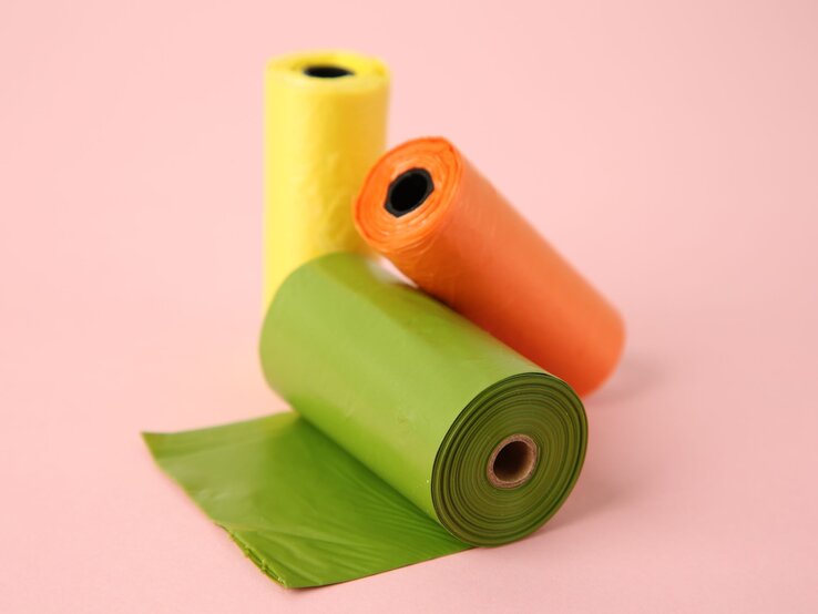 Basteln mit Muellbeuteln Drei Rollen Müllbeutel in Gelb, Orange und Grün liegen auf einer rosa Fläche, eine grüne Rolle ist leicht abgewickelt. Müllbeutel eignen sich zum Basteln.