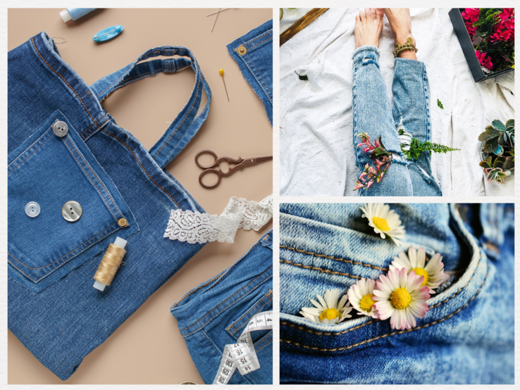 Aus alter Jeans genähte Tasche liegt mit Spitze, Knöpfen, Garn und Schere auf beigem Untergrund, bereit zum Weiterverarbeiten.
