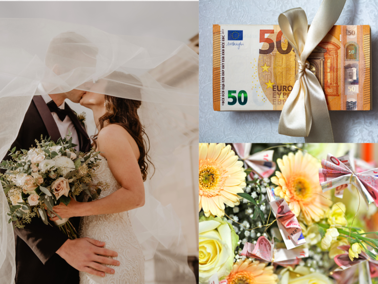 Geldgeschenke Hochzeit basteln Brautpaar küsst sich unter dem Schleier, daneben ein Geldgeschenk mit Schleife und ein Blumenstrauß aus Geldscheinen und Gerbera.
