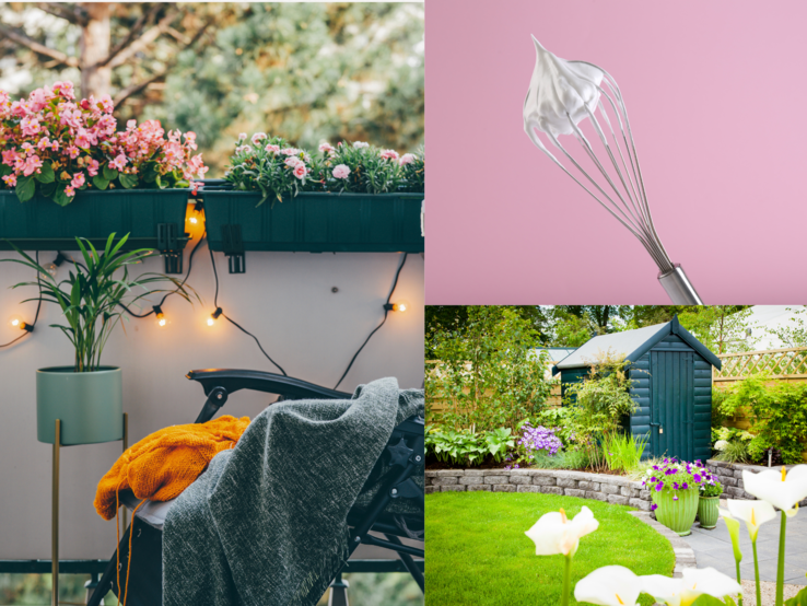 Stimmungsvoller Balkon mit Blumen und Lichterkette, Schneebesen mit Eischnee auf Rosa, gepflegter Garten mit Blumen und Holzhaus.