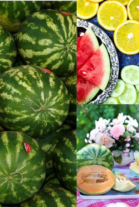 Wassermelonen aufgestapelt, daneben bunte Obst- und Gemüsescheiben auf blauem Tisch und aufgeschnittene Melonen im Garten mit Blumen.
