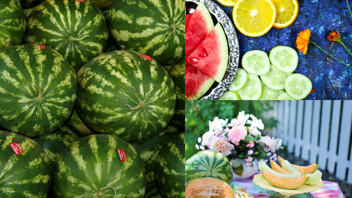 Wassermelonen aufgestapelt, daneben bunte Obst- und Gemüsescheiben auf blauem Tisch und aufgeschnittene Melonen im Garten mit Blumen.