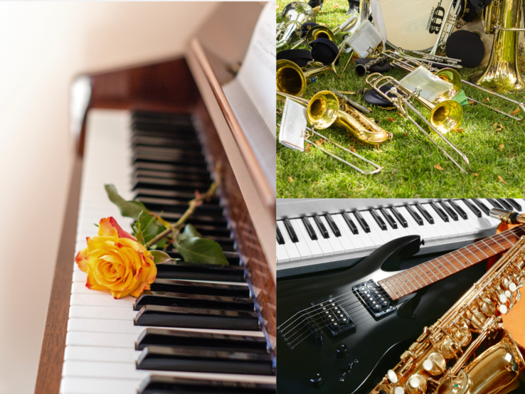 Collage mit gelb-roter Rose auf Klaviertasten, verstreuten Blasinstrumenten im Gras und E-Gitarre neben Saxofon auf E-Piano.