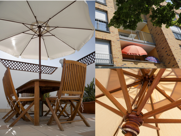 Weiße Sonnenschirme auf Balkon und Terrasse spenden Schatten über Holzmöbeln, in Nahaufnahme und Totale aus sommerlicher Perspektive.