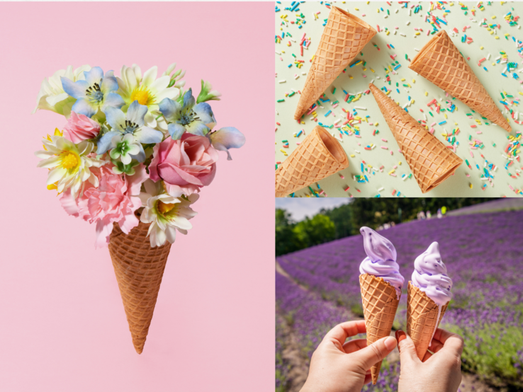 Eiswaffel mit Blumenstrauß vor Rosa, vier leere Hörnchen auf Streuseln und zwei Lavendeleis vor lila Blütenfeld in Händen gehalten.