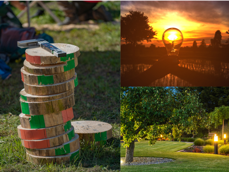 Ein Turm aus bunten Holzscheiben auf Gras, eine Hand mit Glühbirne vor Sonnenuntergang und ein beleuchteter Garten mit Birnbaum.