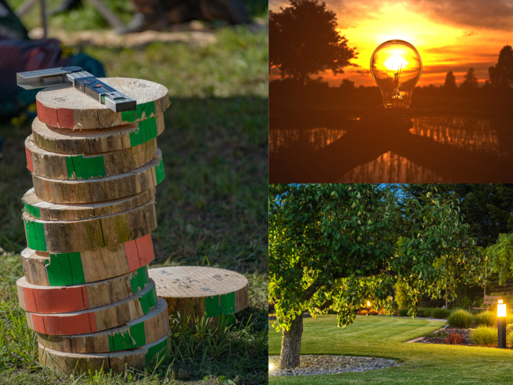 Solarlampe Holz DIY Ein Turm aus bunten Holzscheiben auf Gras, eine Hand mit Glühbirne vor Sonnenuntergang und ein beleuchteter Garten mit Birnbaum.