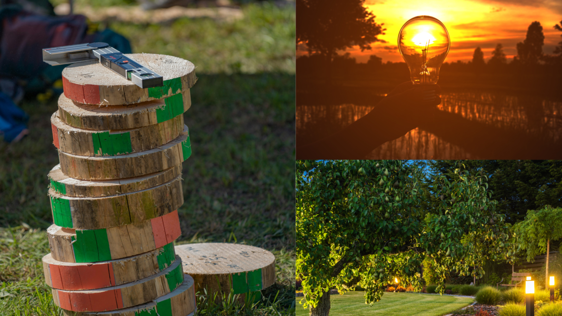 Ein Turm aus bunten Holzscheiben auf Gras, eine Hand mit Glühbirne vor Sonnenuntergang und ein beleuchteter Garten mit Birnbaum.