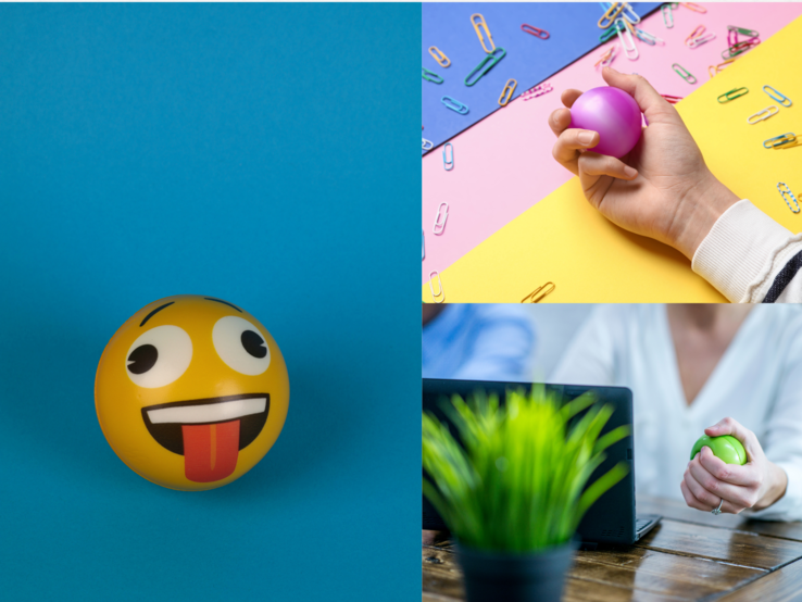 Drei Szenen mit bunten Stressbällen: gelber Emoji-Ball, Hand mit violettem Ball und Frau mit grünem Ball vor Laptop und Pflanze.
