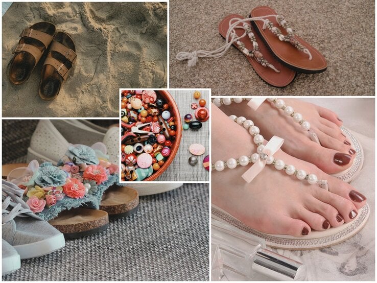 Bunte Bildcollage mit Sandalen auf Sand, Teppich und Stoff – teils mit Perlen, Blumen oder Muscheln geschmückt.