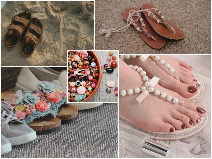 Bunte Bildcollage mit Sandalen auf Sand, Teppich und Stoff – teils mit Perlen, Blumen oder Muscheln geschmückt.
