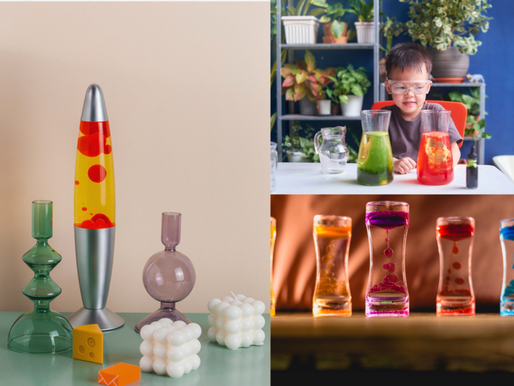 Ein Junge experimentiert mit bunten Flüssigkeiten, daneben DIY-Lavalampen und Dekoobjekte in warmem Licht und kräftigen Farben.