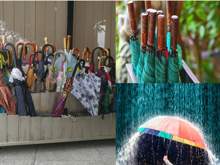 Regenschirmständer DIY Verschiedenfarbige Regenschirme in Haltern, dazu ein bunter Schirm im strömenden Regen, gehalten von einer Person.