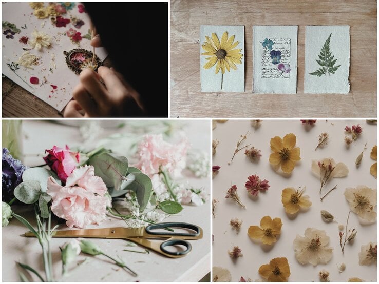 Nahaufnahme verschiedener Bastelszenen mit gepressten Blumen, goldener Schere und handgefertigten Blumenkarten auf Holztisch.